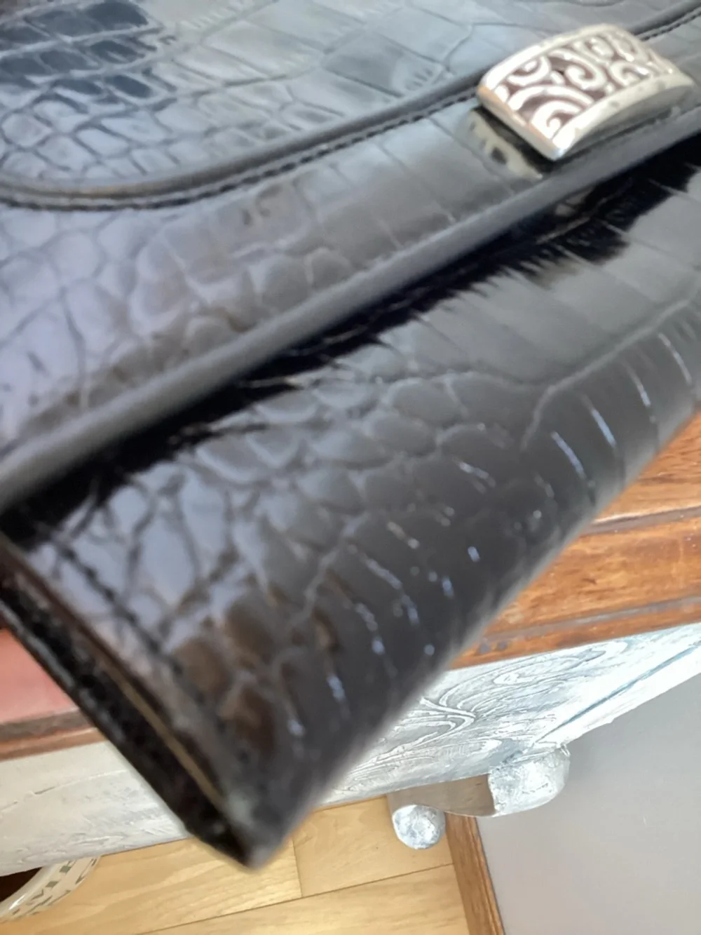 BRIGHTON Retired Travel The World Black Croc Embossed Leather Crossbody Bag